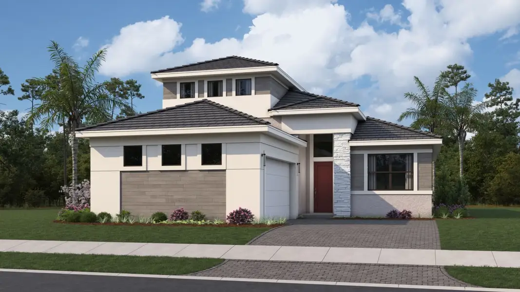 Representative exterior photo of a completed home built from the Leslie by Kolter Homes in Esprit at Avenir, Palm Beach Gardens, FL (Image 2). Representative exterior photo of a completed home built from the Leslie by Kolter Homes in Esprit at Avenir, Palm Beach Gardens, FL (Image 2).