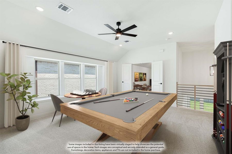 Game room with pool table, vaulted ceiling, ceiling fan, and carpet flooring near open loft railing