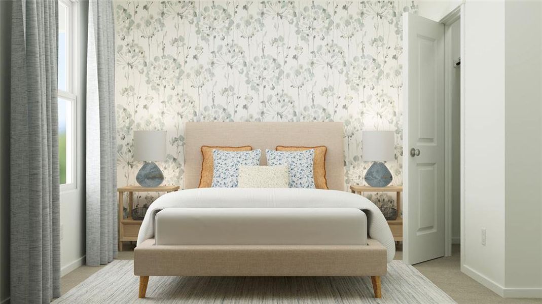 Bedroom featuring baseboards, wallpapered walls, and light colored carpet