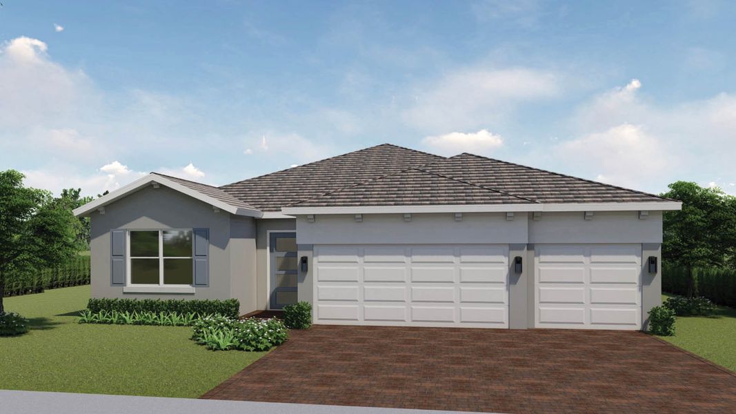 Representative exterior photo of a completed home built from the Destin by D.R. Horton in Aspen Estates, Homestead, FL (Image 1). Representative exterior photo of a completed home built from the Destin by D.R. Horton in Aspen Estates, Homestead, FL (Image 1).