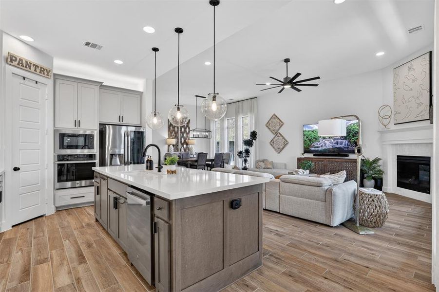 Stainless steel appliances, walk in pantry, pendant lights Stainless steel appliances, walk in pantry, pendant lights
