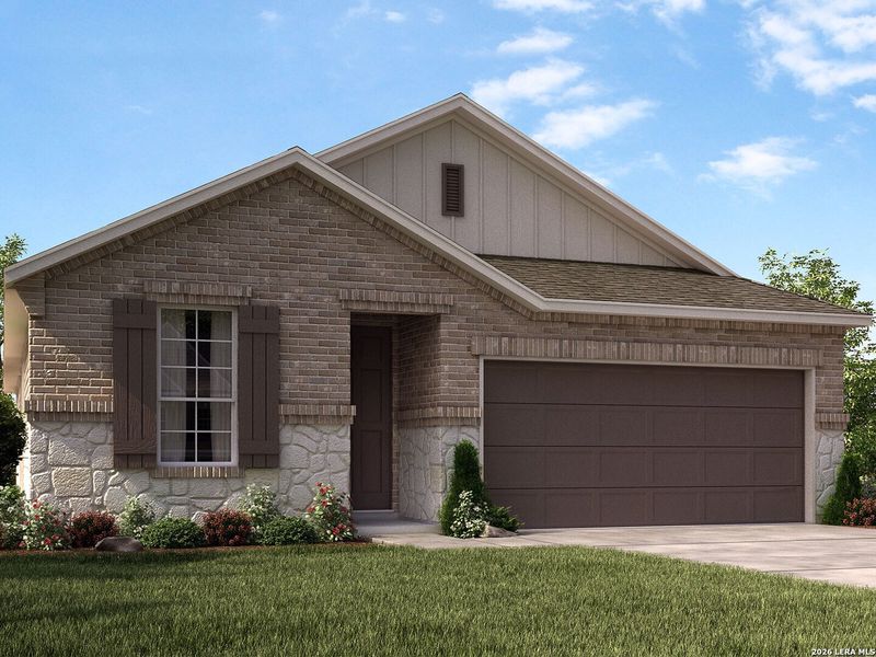 Front exterior of a new home in Carmel Ranch, Schertz, TX, highlighting curb appeal (Image 1). Front exterior of a new home in Carmel Ranch, Schertz, TX, highlighting curb appeal (Image 1).