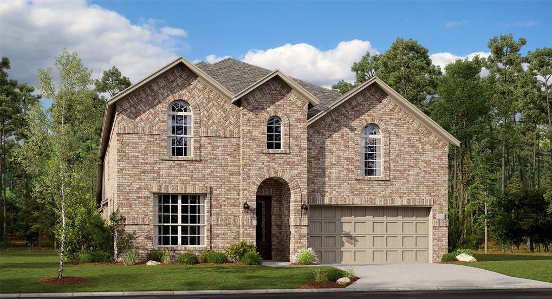 View of front of property with a front lawn and a garage