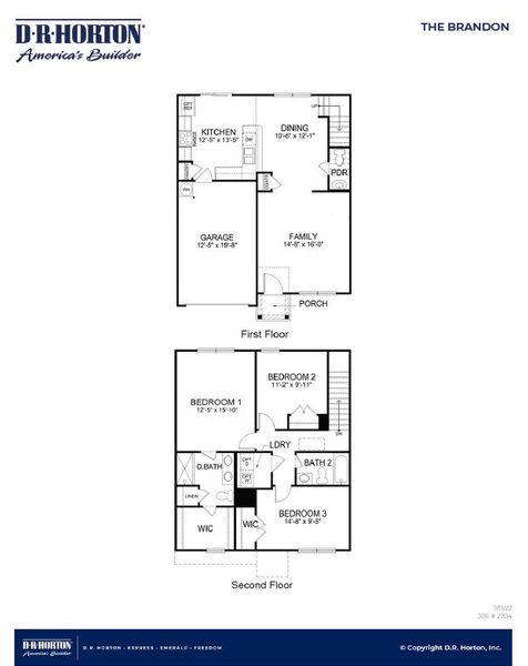 2D floor plan layout for the BRANDON by D.R. Horton in The Oaks at Center Station, Hollywood, SC (Image 3).