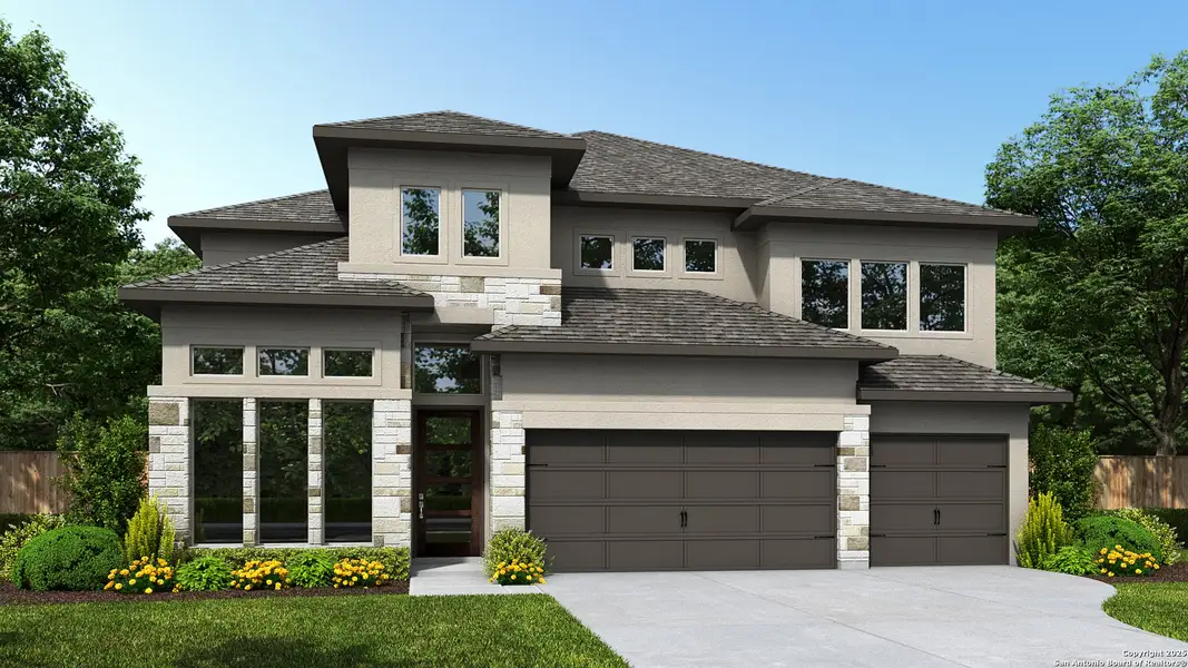 Front exterior of a new home in Ranches At Creekside 55', Boerne, TX, highlighting curb appeal (Image 2). Front exterior of a new home in Ranches At Creekside 55', Boerne, TX, highlighting curb appeal (Image 2).