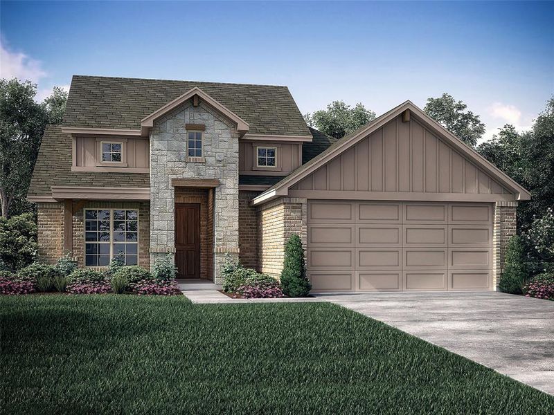 View of front of home featuring a garage and a front lawn