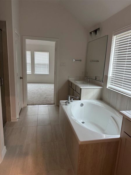 Spa style primary bath offers modern finishes and generous countertop space. Spa style primary bath offers modern finishes and generous countertop space.