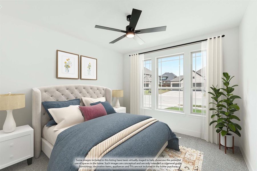 Bedroom with tufted headboard, ceiling fan, and large windows with neighborhood view Bedroom with tufted headboard, ceiling fan, and large windows with neighborhood view