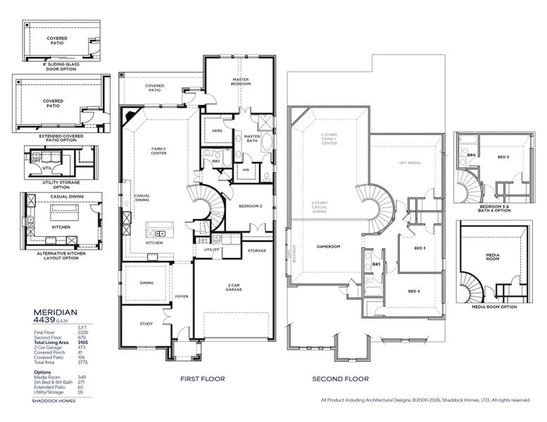 2D floor plan layout for the Meridian - SH 4439 by Shaddock Homes in Devonshire, Forney, TX (Image 3).