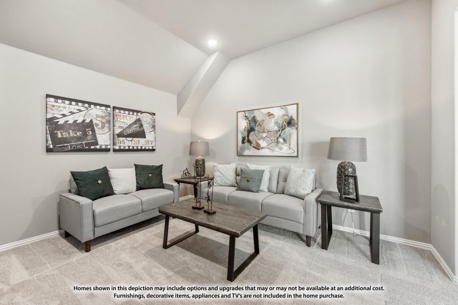 Living room with vaulted ceiling, two gray sofas, wood coffee table, and carpet flooring Living room with vaulted ceiling, two gray sofas, wood coffee table, and carpet flooring