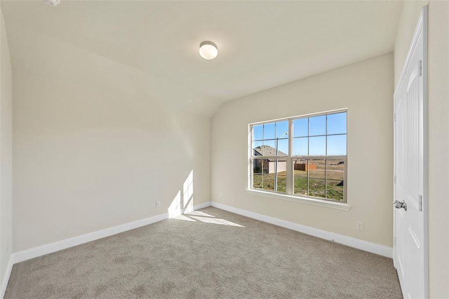 Carpeted empty room with lofted ceiling