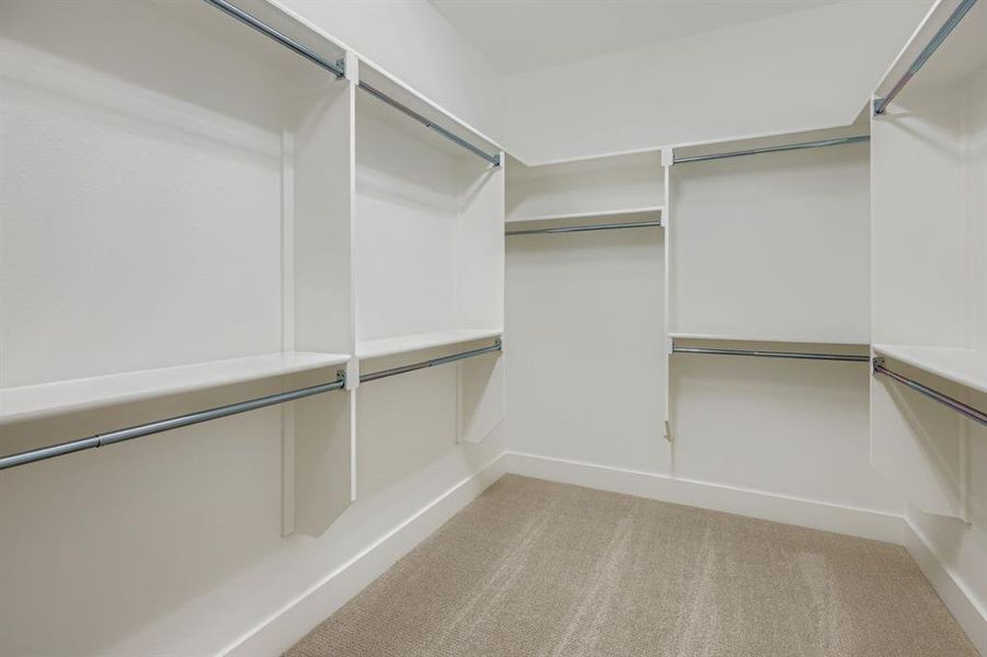 Walk in closet featuring light carpet