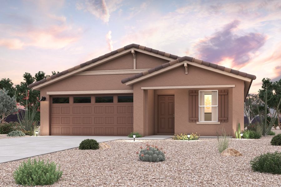 Front exterior of a new home in North Fork at Laughlin Ranch, Bullhead City, AZ, highlighting curb appeal (Image 1). Front exterior of a new home in North Fork at Laughlin Ranch, Bullhead City, AZ, highlighting curb appeal (Image 1).