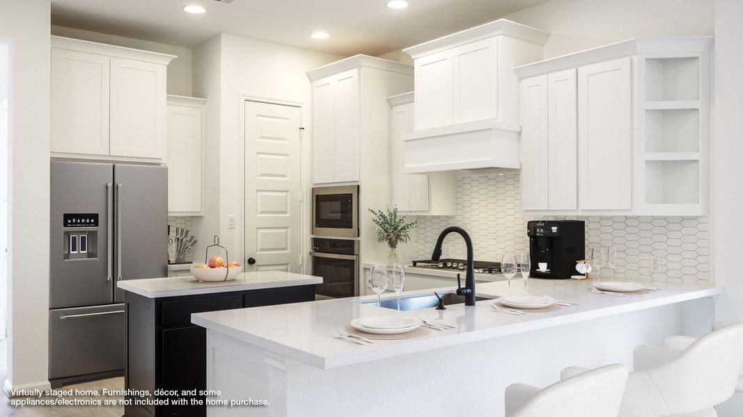 Kitchen with white cabinetry, backsplash, a center island, open shelves, and appliances with stainless steel finishes Kitchen with white cabinetry, backsplash, a center island, open shelves, and appliances with stainless steel finishes