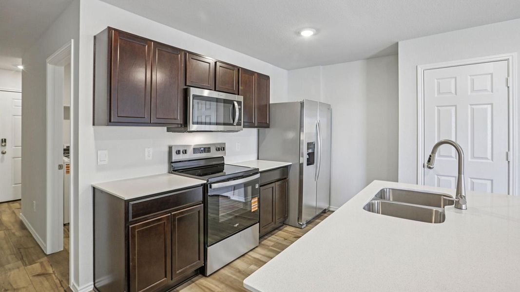 Kitchen featuring stainless steel appliances, dark wood finish cabinetry, and light wood-type flooring