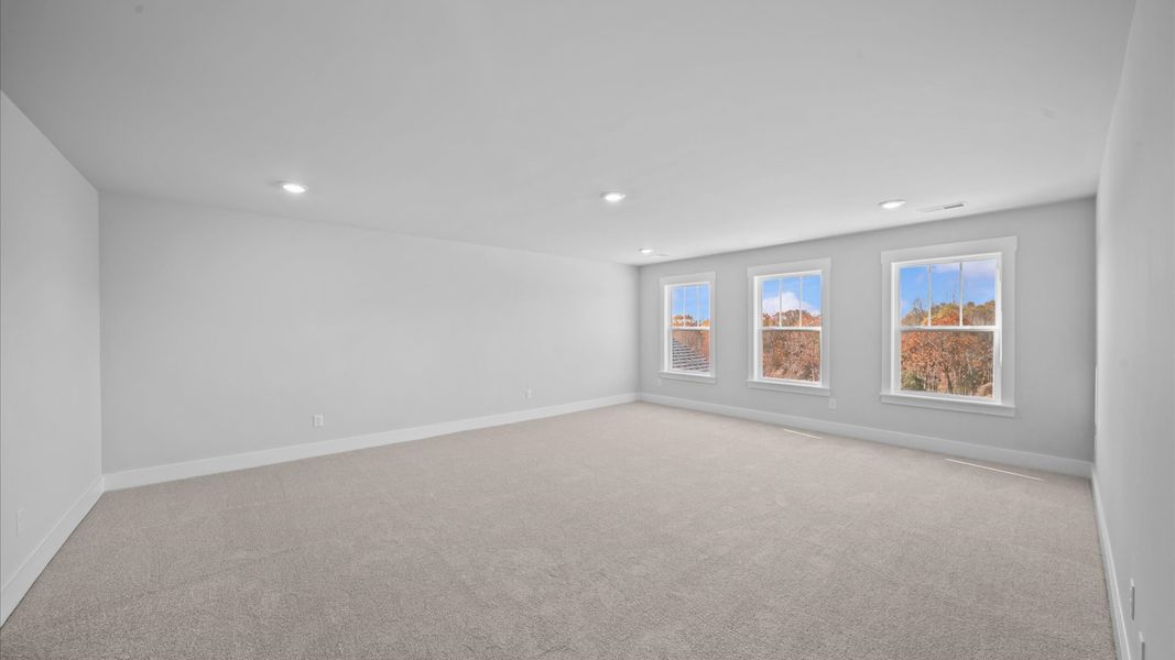 Elegant carpeted bedroom with walk-in closet and wall-to-wall windows offering natural brightness