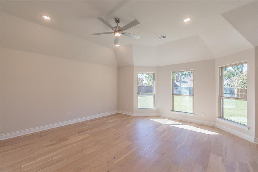 Empty room featuring ceiling fan, a wealth of natural light, and light hardwood / wood-style flooring