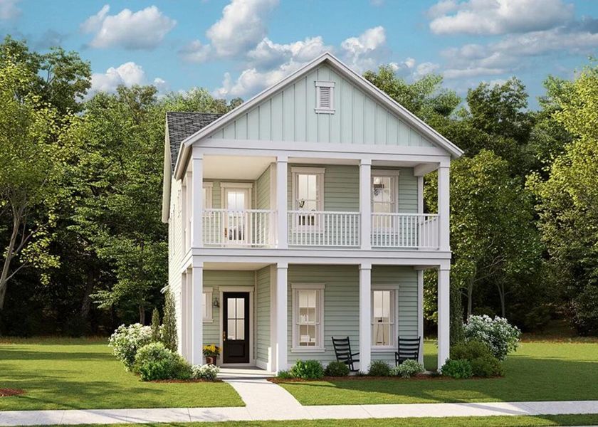 Front exterior of a new home in Heron's Walk at Summers Corner: Row Collection, Summerville, SC, highlighting curb appeal (Image 1).