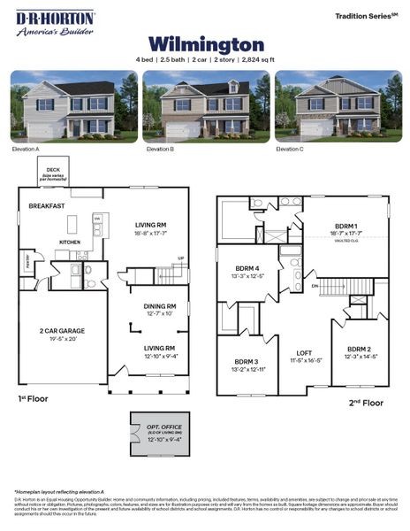 2D floor plan layout for the WILMINGTON by D.R. Horton in Mason Ridge, Spring Lake, NC (Image 3).