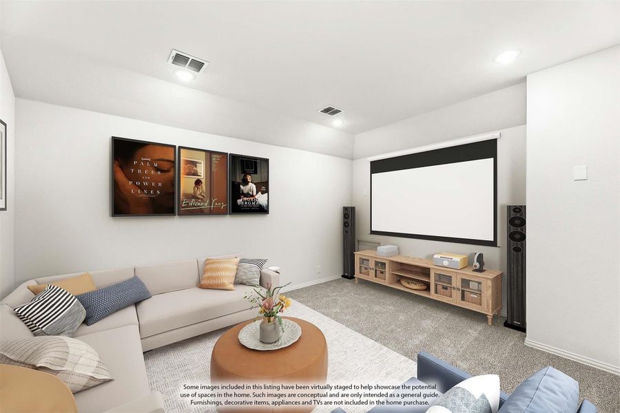 Media room with large projection screen, sectional sofa, and floor speakers on carpet