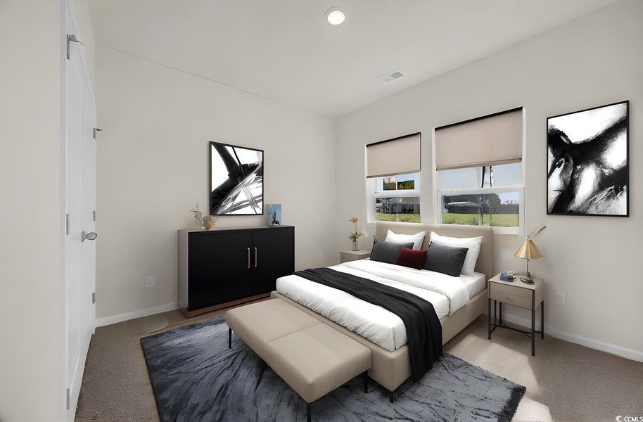 Bedroom featuring visible vents, light colored carpet, and baseboards