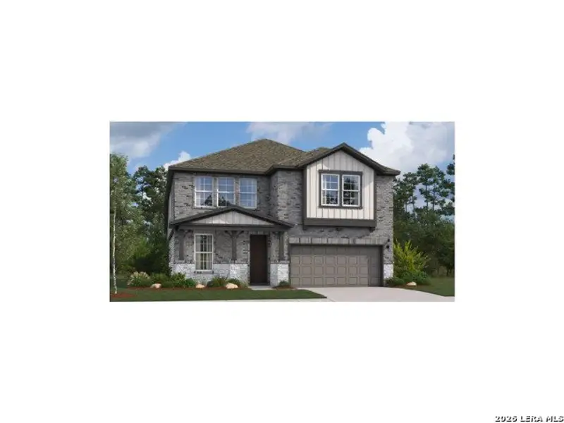 Front exterior of a new home in Hunter's Ranch, San Antonio, TX, highlighting curb appeal (Image 1). Front exterior of a new home in Hunter's Ranch, San Antonio, TX, highlighting curb appeal (Image 1).