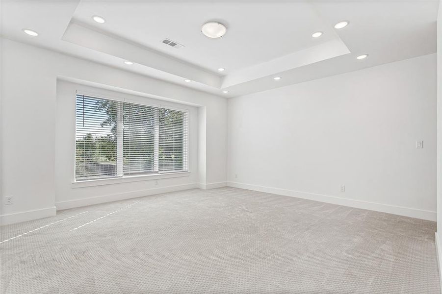 Carpeted spare room with a tray ceiling and recessed lighting