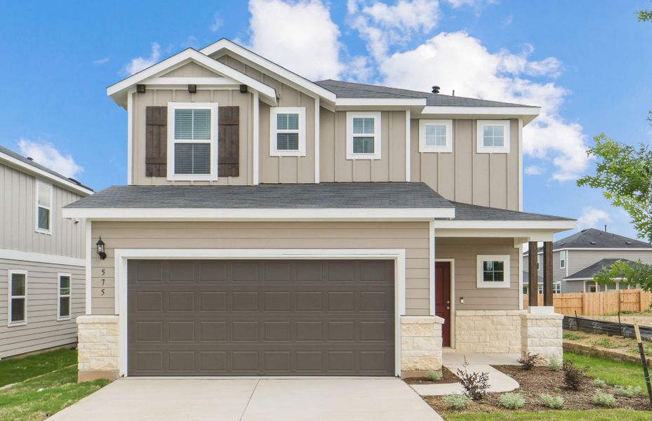 Front exterior of a new home in Sunfield, Buda, TX, highlighting curb appeal (Image 19).
