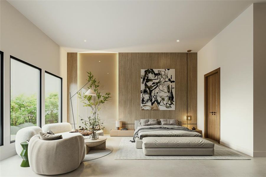 Spacious room featuring broad windows with black frames, recessed ceiling lighting, a wood-paneled accent wall, and light-toned flooring