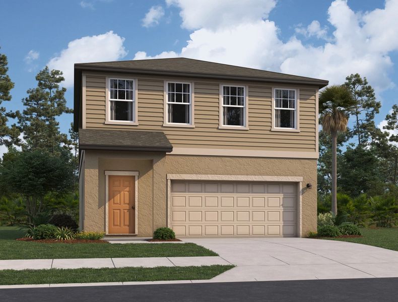 Front exterior of a new home in Landings at Mount Olive, Polk City, FL, highlighting curb appeal (Image 1). Front exterior of a new home in Landings at Mount Olive, Polk City, FL, highlighting curb appeal (Image 1).
