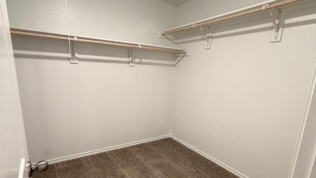 Walk in closet featuring dark carpet