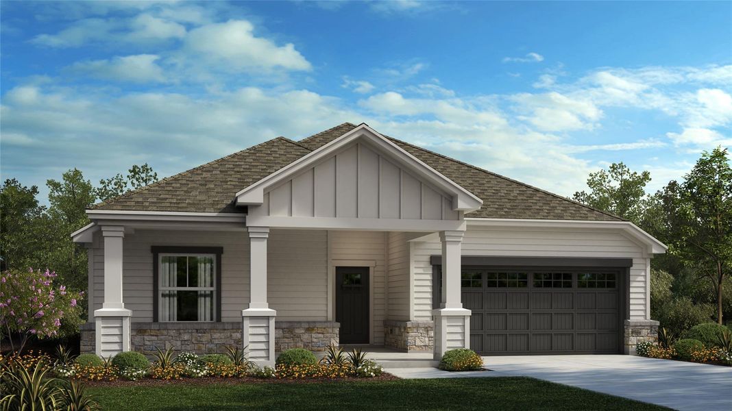 Front exterior of a new home in The Colony, Bastrop, TX, highlighting curb appeal (Image 1).