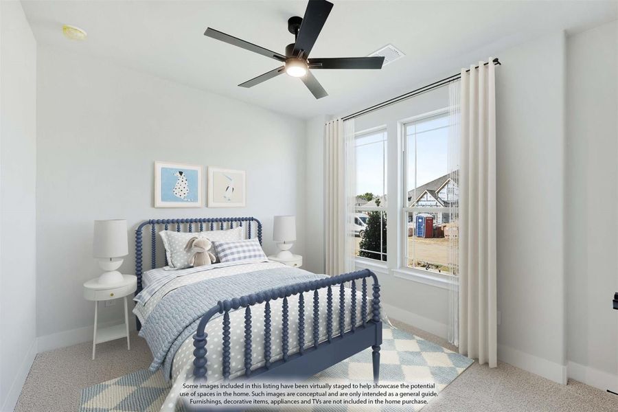 Child's bedroom with blue spindle bed, ceiling fan, carpet flooring, and large window with curtains