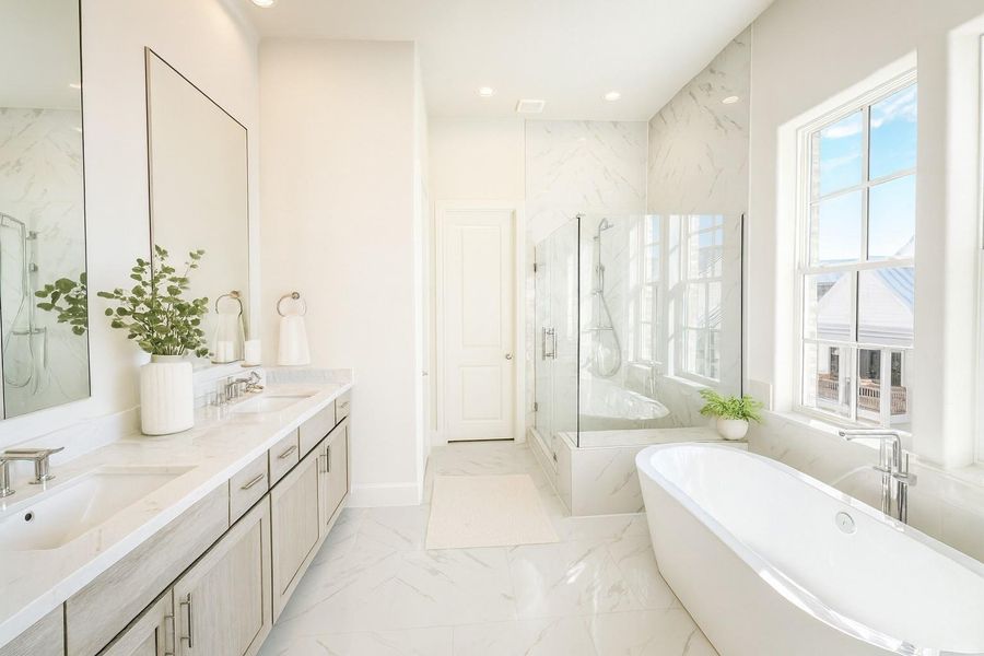 Free Standing Tub, Seated Shower.  Hans Grohe  Plumbing Fixtures.  (Picture was virtualluy staged)