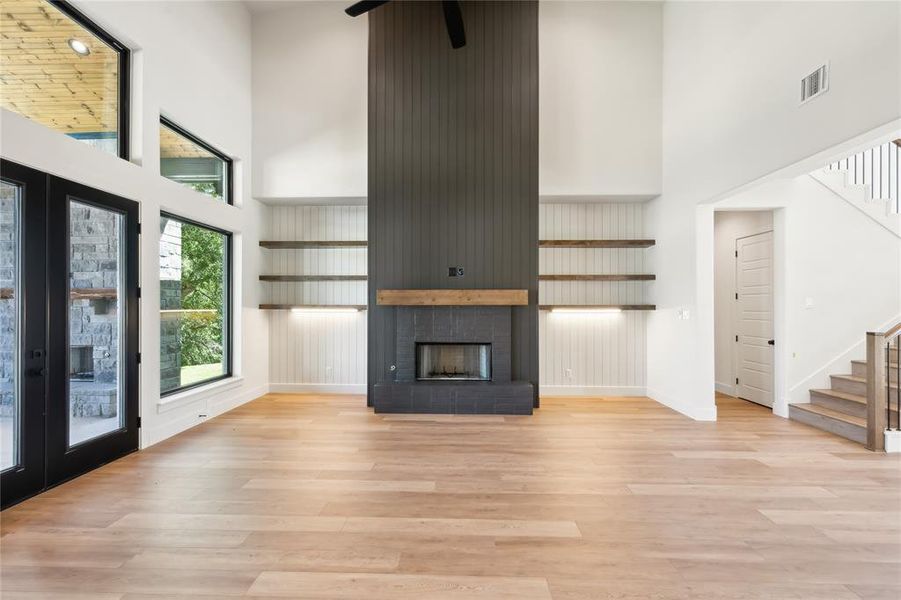 Main living area anchored by the gorgeous fireplace