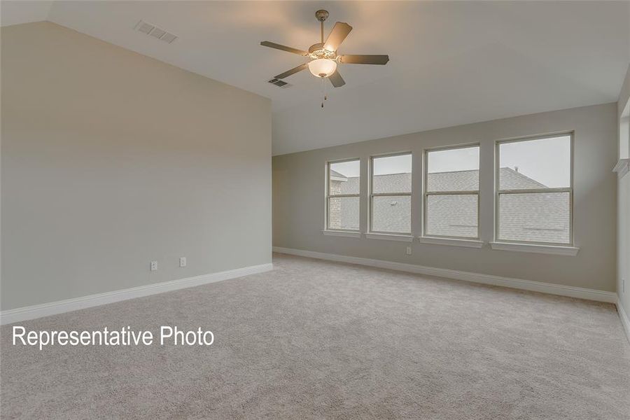 Unfurnished room with carpet floors, ceiling fan, and vaulted ceiling