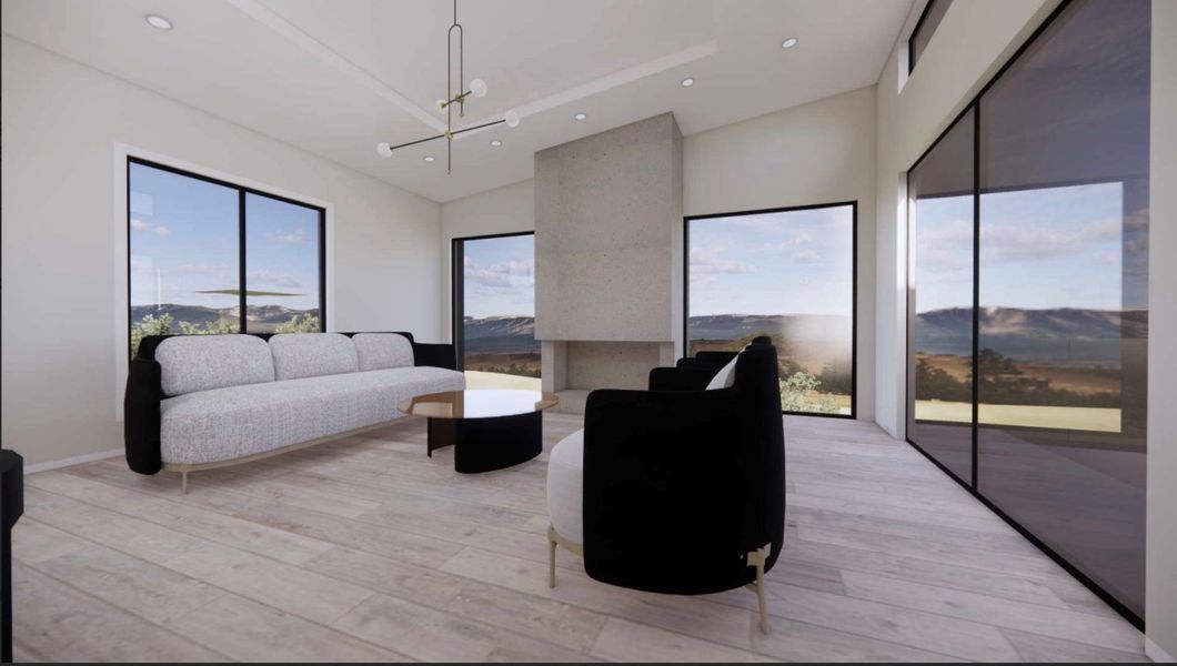 RENDERING - Living room featuring light wood-style flooring, recessed lighting, and a chandelier
