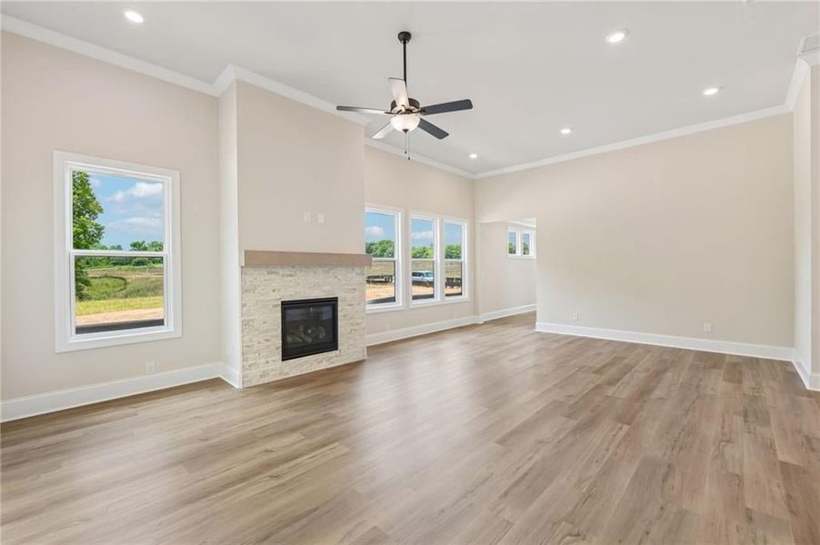 Living area featuring a stone-faced fireplace with a wood mantel, wood-finish flooring, and crown molding
