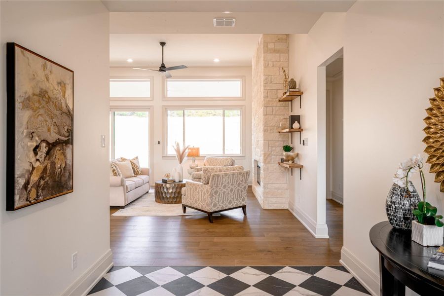 A view to the living room and beyond