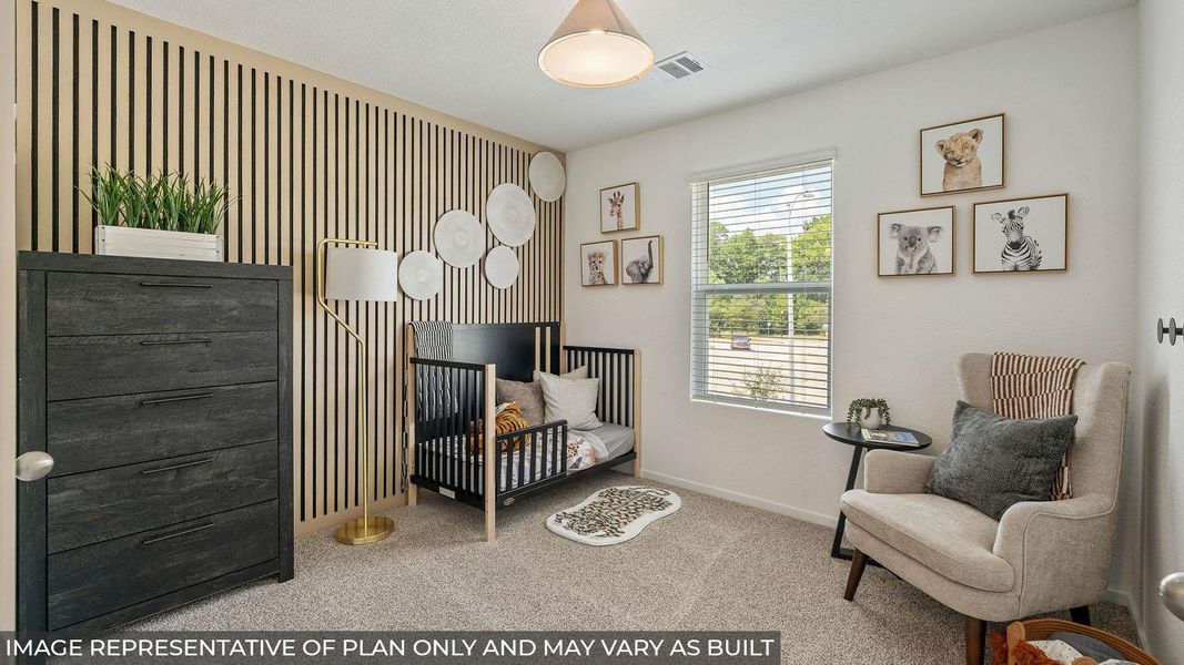 Bedroom featuring a slatted accent wall, light-colored carpet flooring, a single window with blinds, and recessed lighting