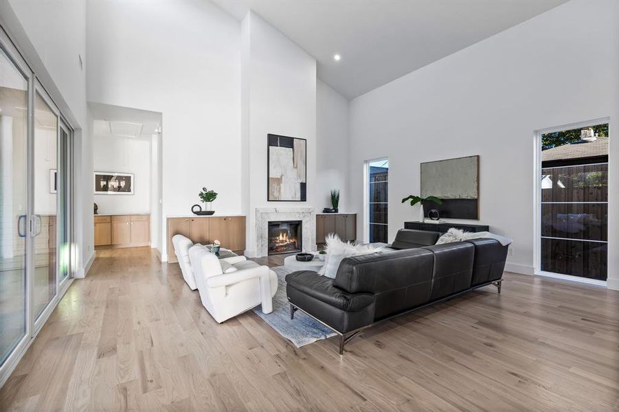 Living room featuring light hardwood / wood-style floors, high vaulted ceiling, and a premium fireplace