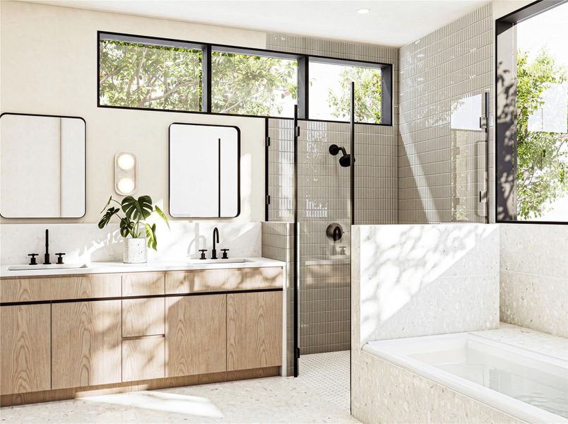 High windows frame leafy views in this modern bathroom featuring a double vanity and soaking tub.