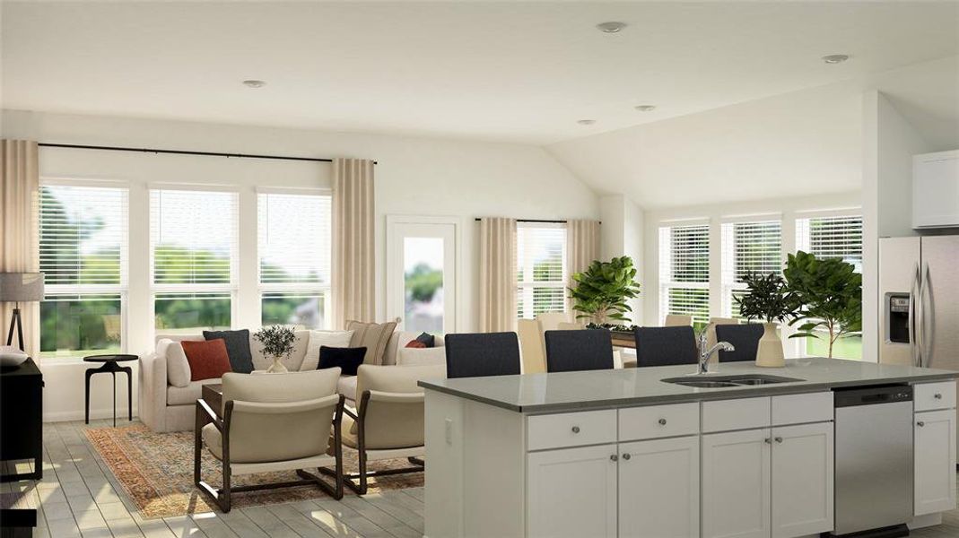 Kitchen featuring white cabinets, dishwasher, open floor plan, vaulted ceiling, and a center island with sink Kitchen featuring white cabinets, dishwasher, open floor plan, vaulted ceiling, and a center island with sink