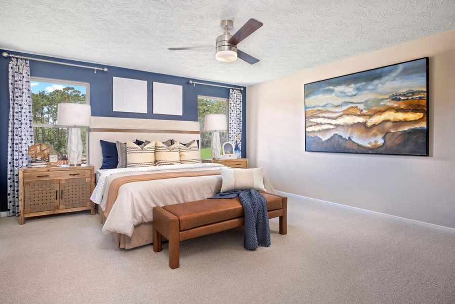 What a wonderful place to come home to, this stunning primary suite greets you with gorgeous plush carpet, warm custom paint, high ceiling, ceiling fan with lighting, large windows allowing in natural light brightening up this spacious primary bedroom! What a wonderful place to come home to, this stunning primary suite greets you with gorgeous plush carpet, warm custom paint, high ceiling, ceiling fan with lighting, large windows allowing in natural light brightening up this spacious primary bedroom!