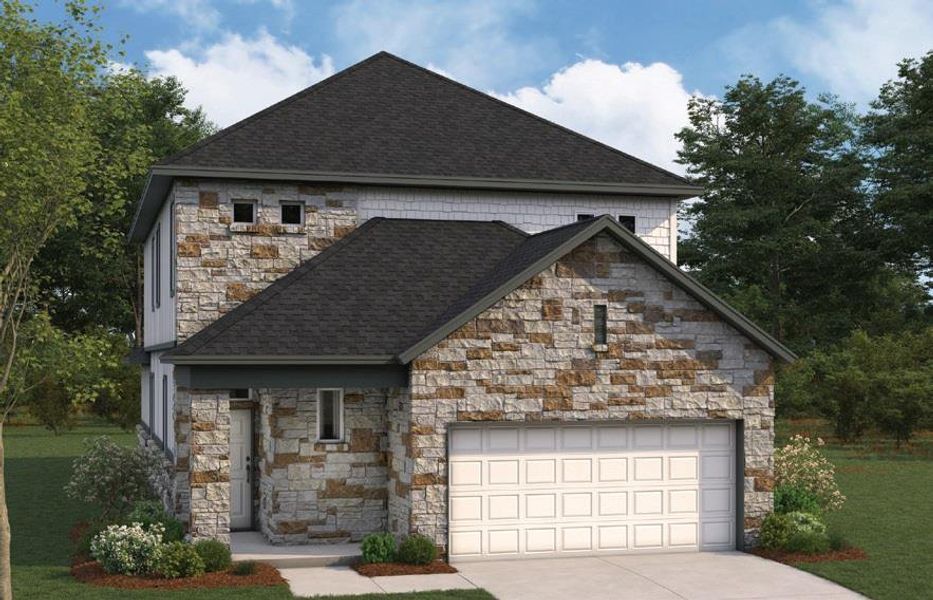 Front exterior of a new home in Heritage, Dripping Springs, TX, highlighting curb appeal (Image 1). Front exterior of a new home in Heritage, Dripping Springs, TX, highlighting curb appeal (Image 1).