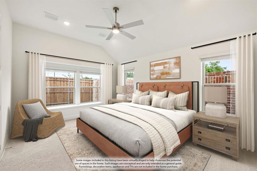 Bedroom with vaulted ceiling, ceiling fan, king bed with orange frame, and multiple windows with white curtains