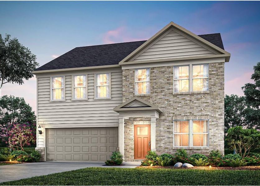 Front exterior of a new home in Watermist at Mirror Lake, Villa Rica, GA, highlighting curb appeal (Image 25). Front exterior of a new home in Watermist at Mirror Lake, Villa Rica, GA, highlighting curb appeal (Image 25).