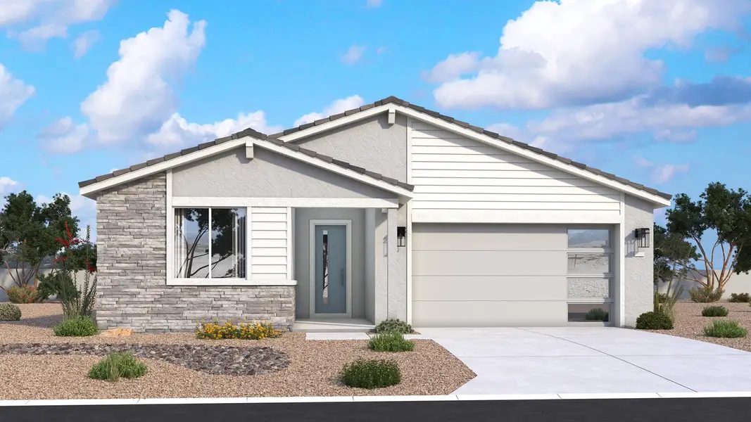 Mid-century modern single-level Mead exterior with strong lines and its refined architectural details by DRB Homes in Arizona