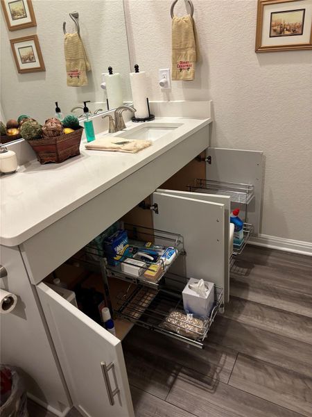 Bathroom with vanity, dark wood-style flooring, and a textured wall
