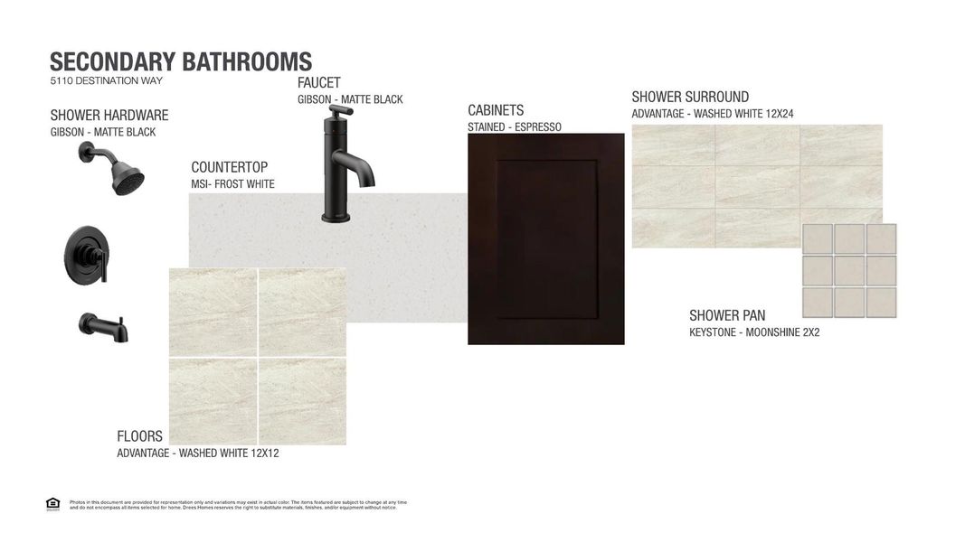 Secondary bathroom finishes feature matte black hardware, espresso cabinets, and frost white countertops, creating a harmonious design.